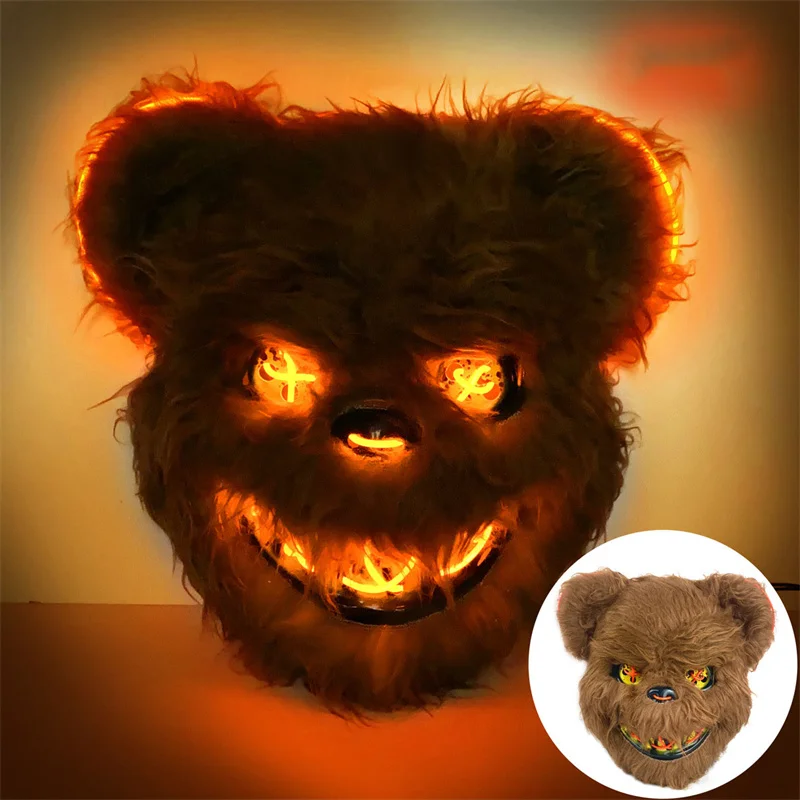 LED Bloody Bear Mask Halloween Masquerade Plush Brown Bear Mask Light Up Killer Assassinated Black Bear Haunted House Mask