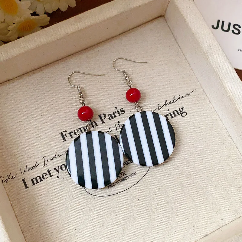 Women's Geometric Square Black White Striped Drop Earrings
