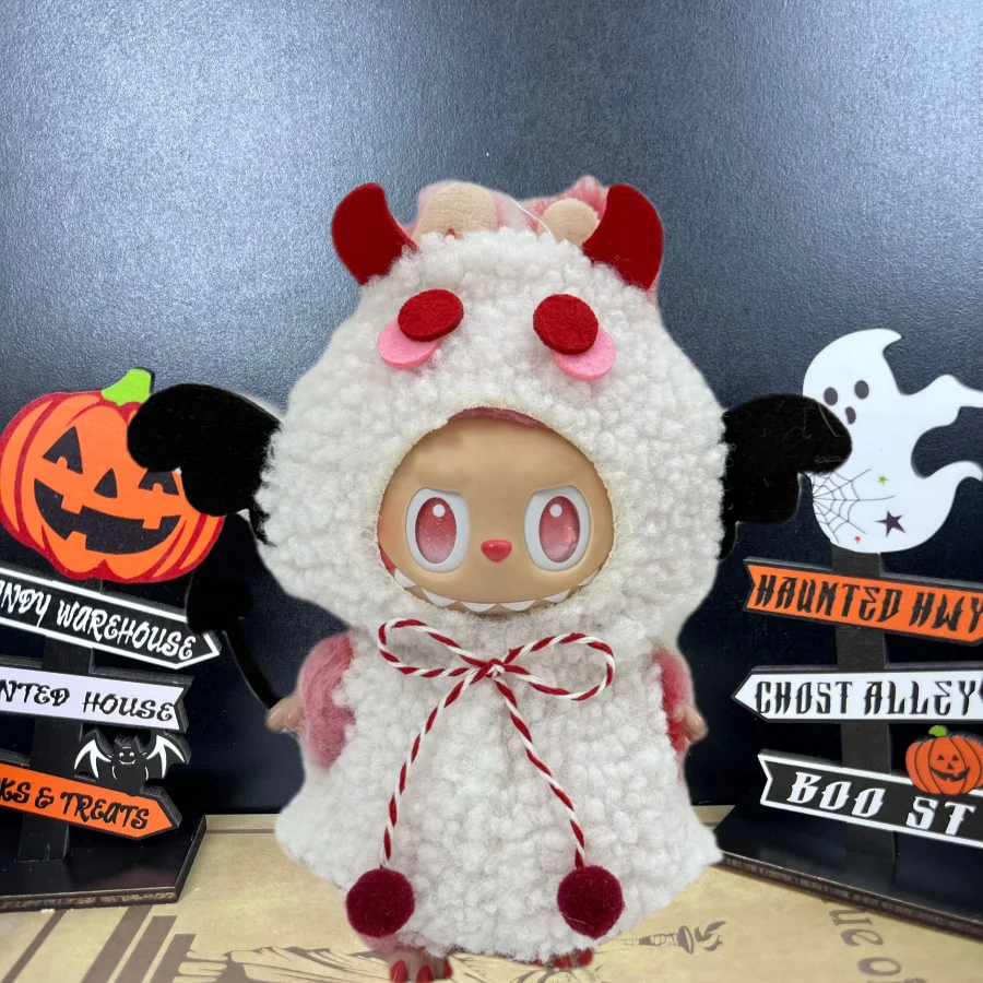 Halloween Teufel Umhang Lila Hexe Kleidung für Labubu I mit Halloween Kürbis Umhang Hut Anzug für Ladbubu Puppen Zubehör