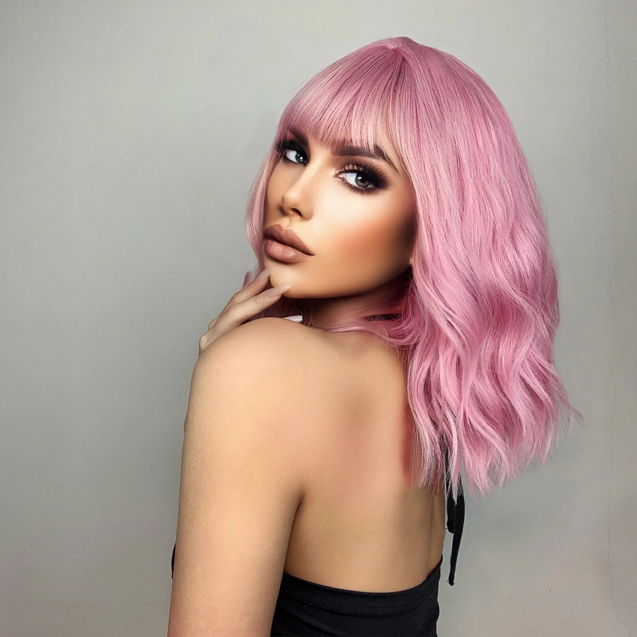 

Synthetic Wigs for Women Natural Loose Body Wave Wigs with Bangs Pink Color Daily Heat Resistant Fiber Wigs Cosplay for Party