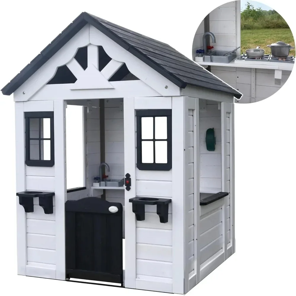 White Modern Outdoor Wooden Playhouse, Cottage, Sink, Stove, Kitchen with Pot and Pans and Utensils, Flowerpot Holders