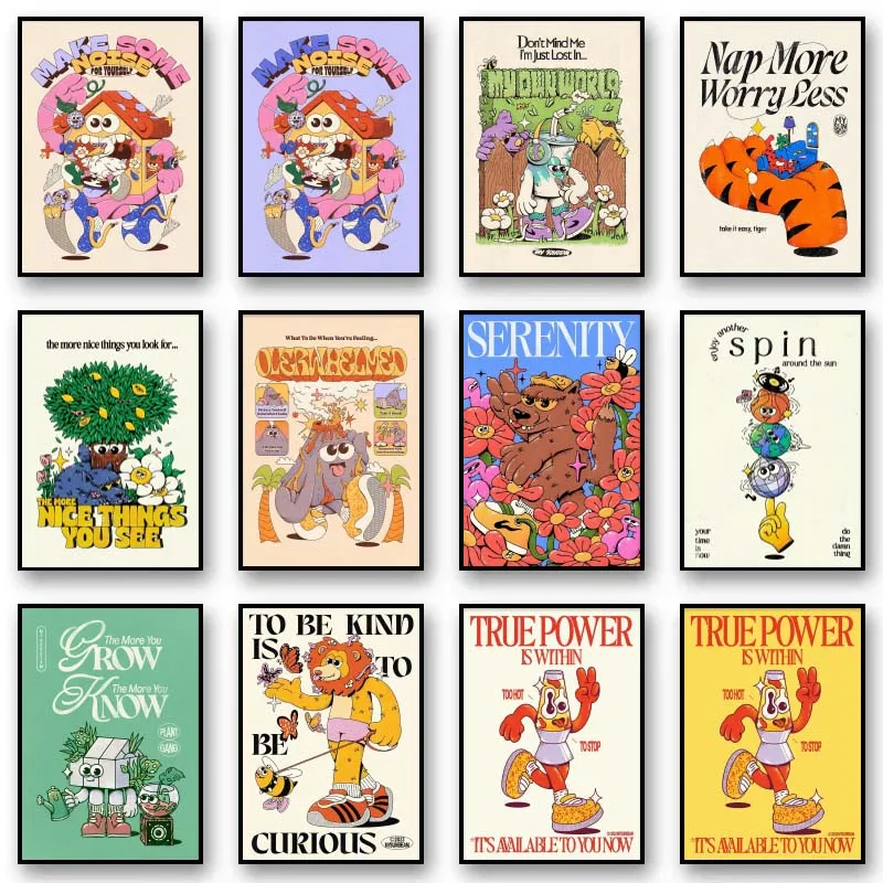 Vintage Cartoon Print Canvas Posters Animals Flowers Quotes Wall Art Poster Home Decor Canvas Print Painting Living Room Decor