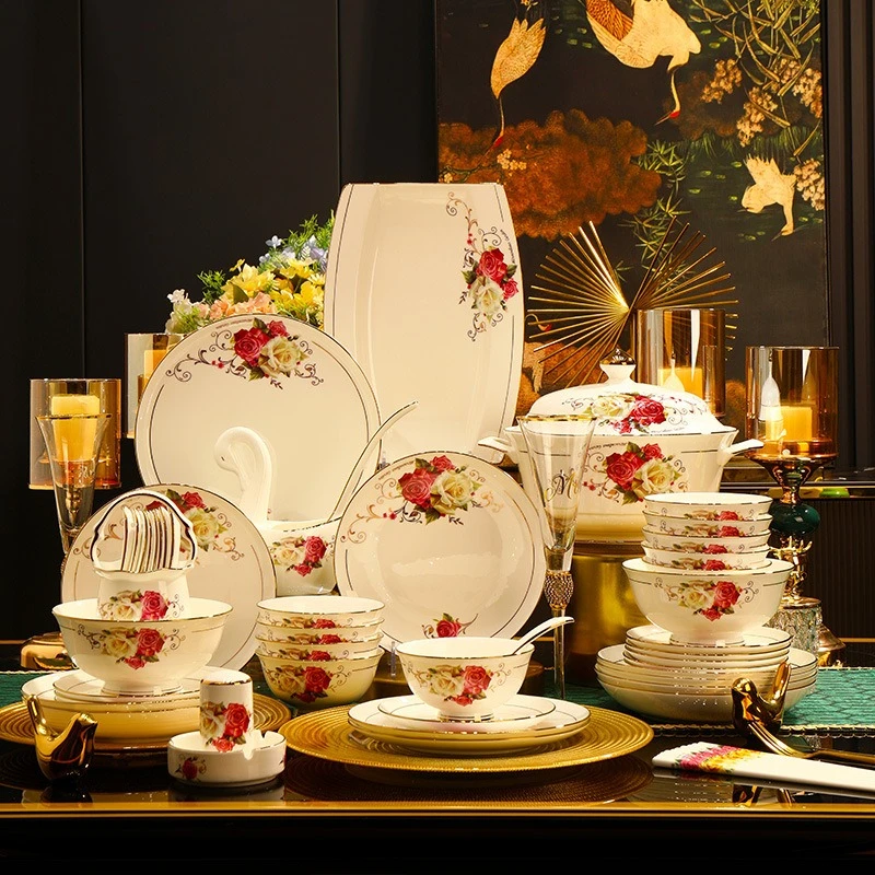 

60 pieces European bone china hand-painted drawing dishes, ceramic tableware set