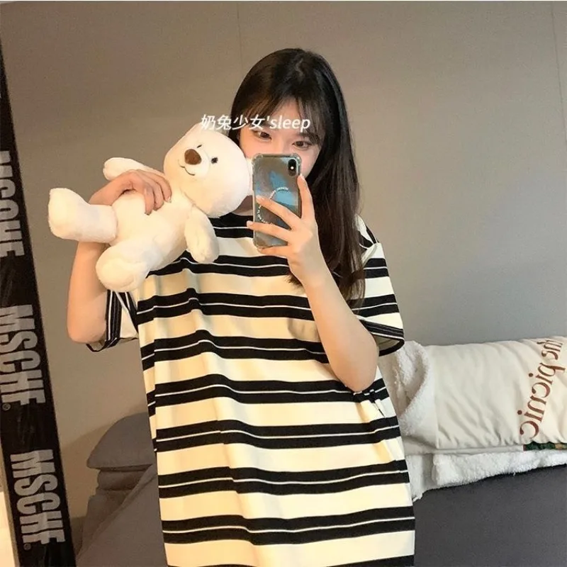 Pajamas Women Summer Ins Can Be Worn Outside Female Student Dormitory Pajamas Loose Striped Short Sleeves Korean Long Loungewear