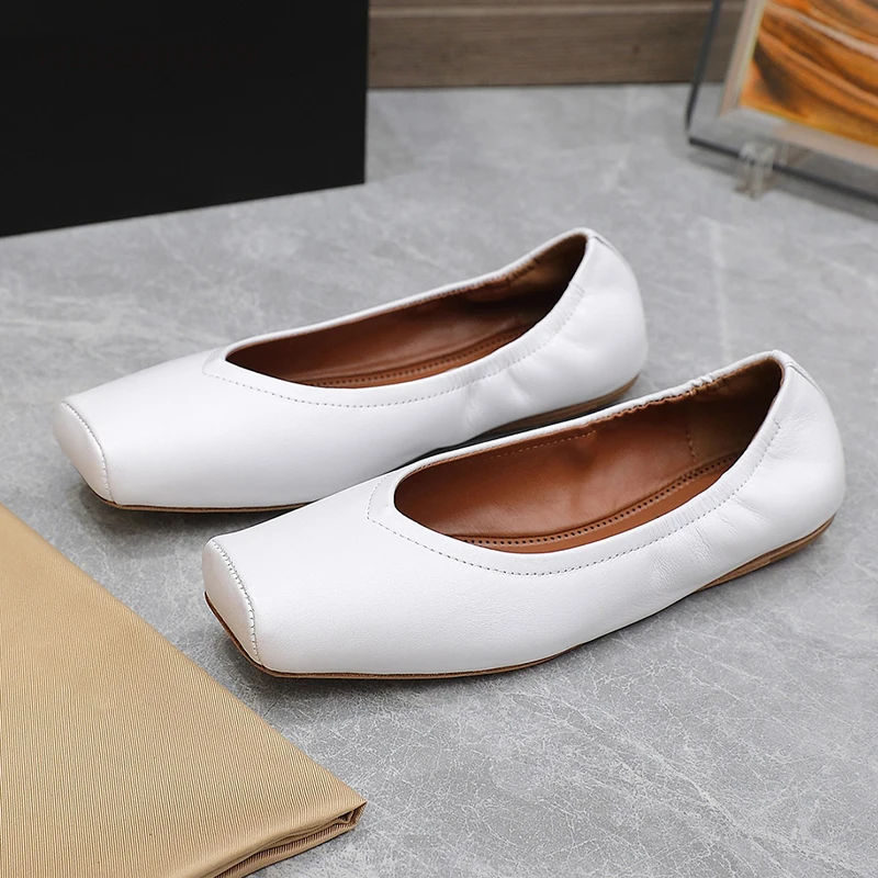 

Retro Square Toe Shallow Flats Heel Single Shoes Women Autumn New Genuine Leather Slip on Comfortable Casual Boat Shoes Females