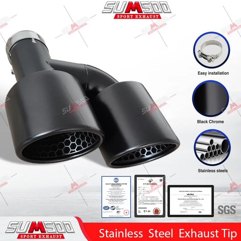 Genuine SUMSOO 1PCS Matte  black Stainless Honeycomb Double Outlet Exhaust Tips Universal Muffler 60MM 63mm