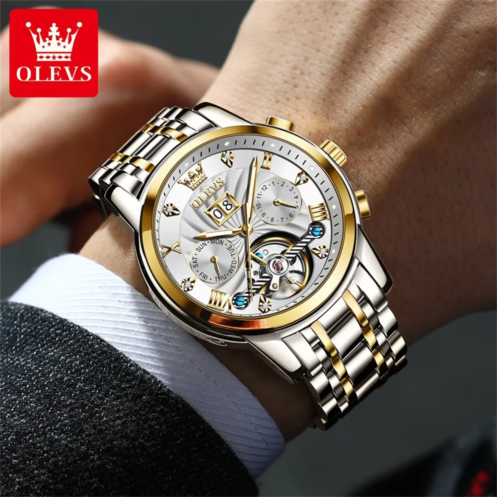 Olevs Heren Horloge Luxe Merk Tourbillon Automatisch Mechanisch Horloge Eersteklas Waterdicht Rvs Heren Horloge