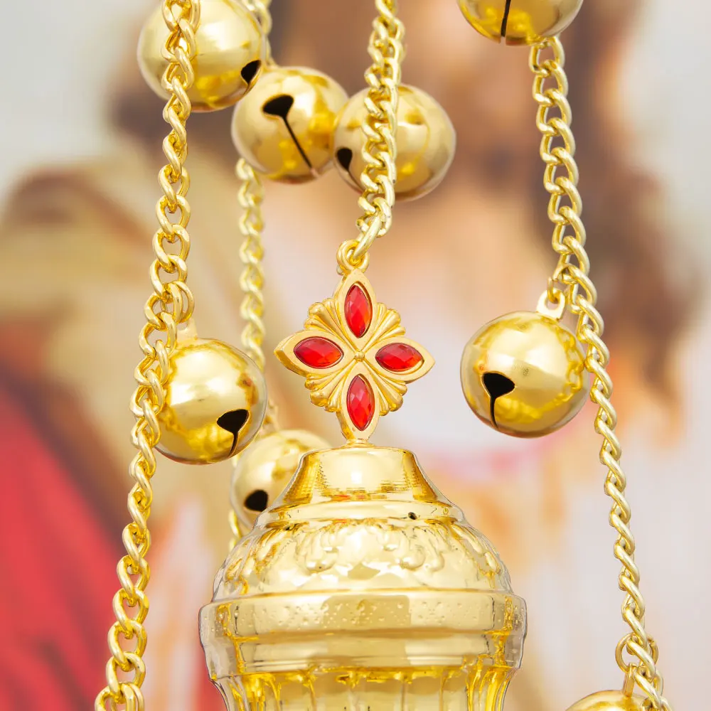 

HTISOK Orthodox Church Censer with Bells Gold Plated Thurible with Cross Ornament for Church burn incense in religious Rituals