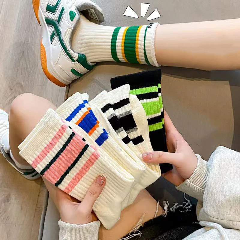 

Mix Color Stripes Sports Socks Women 2025 Autumn Winter Soft Cotton Non Slip Couple's Socks 5 Pairs Lucky Embroidery Stockings