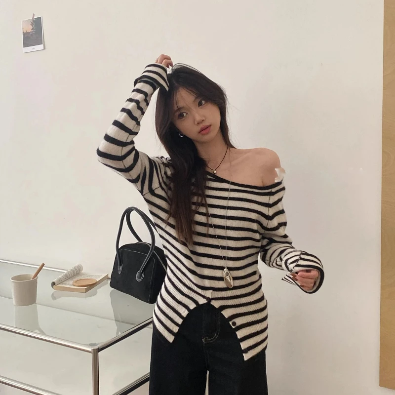 Women Clothing Striped Off Shoulder Slit Hem Trend Pullovers Spring Autumn Long Sleeve All-match  Sweaters Fashion Sweet