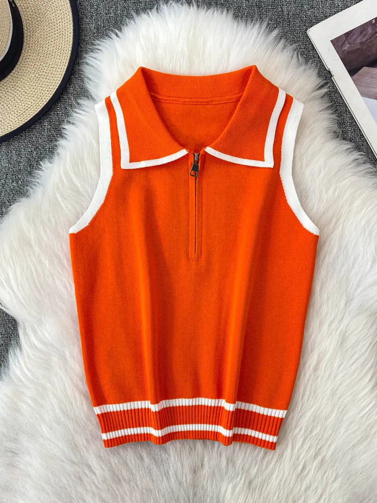 

Sweet And Spicy Sle Knitted Vest Women's New Design f Zipper Slimming Top Color Blo Commute Faion Regular Length