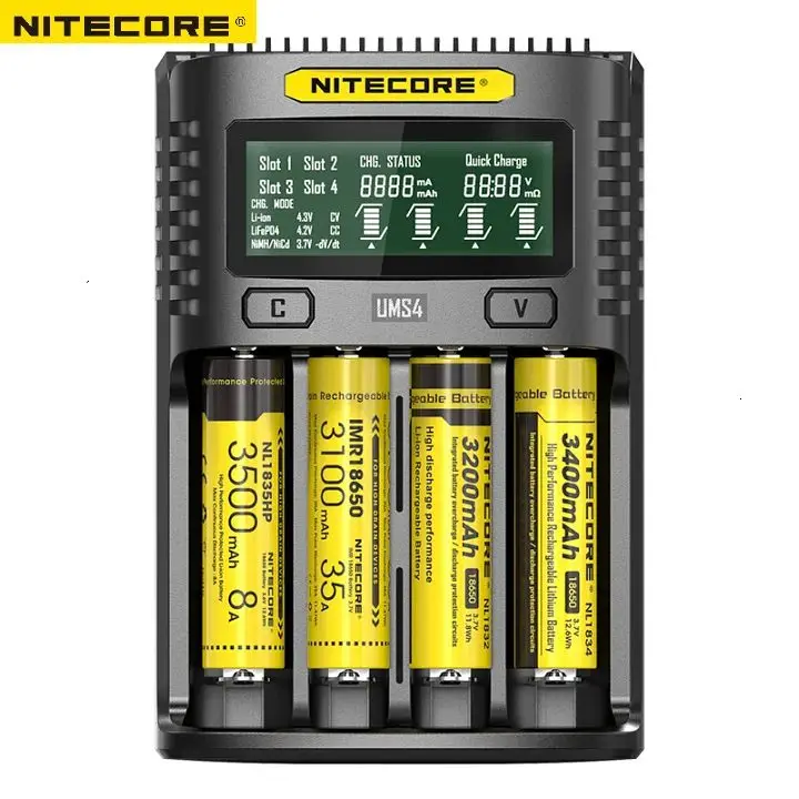 NITECORE UMS4 pengisi daya baterai Universal USB layar LCD Output pengisian daya cerdas QC untuk obor 26650 18650 21700 16340 18350