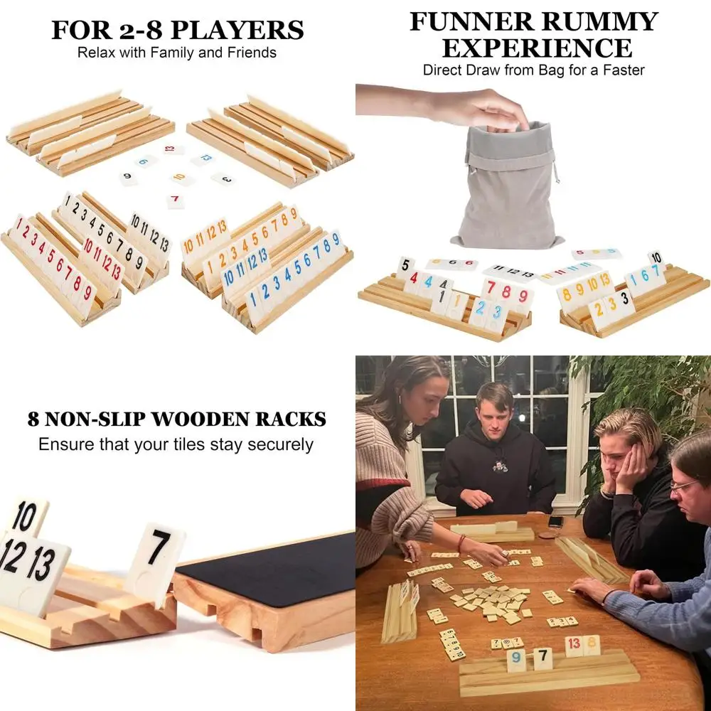 

Enhanced 6-8 Player Rummy Cube Game Set with Wooden Racks, 214 Tiles, Travel Case, Bag, and Dice for Adult Entertainment and Cog