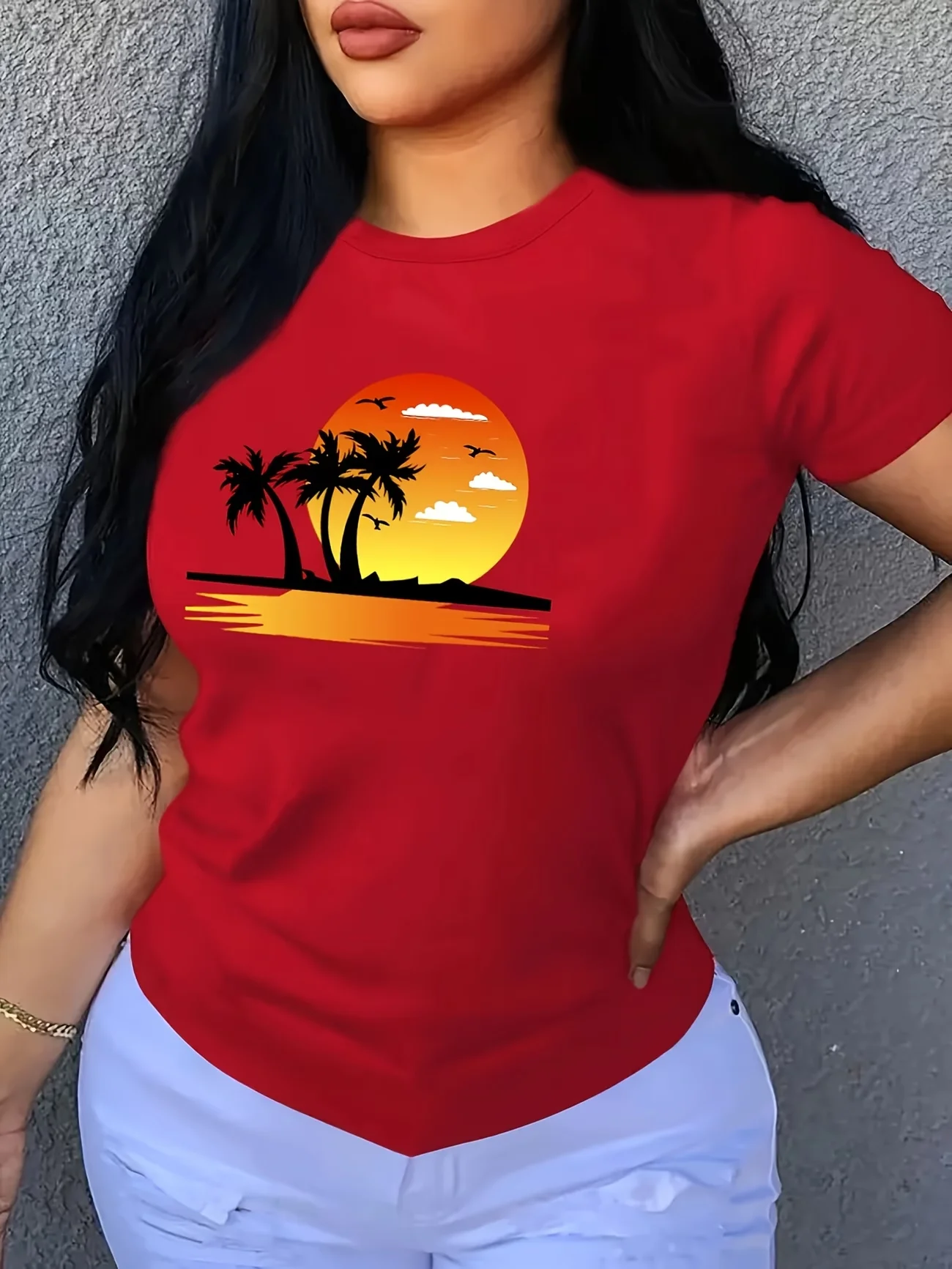 Women's Tropical Sunset Palm Tree Print T-Shirt Red Casual Short Sleeve Summer Top Short Sleeve Tee Plus Size