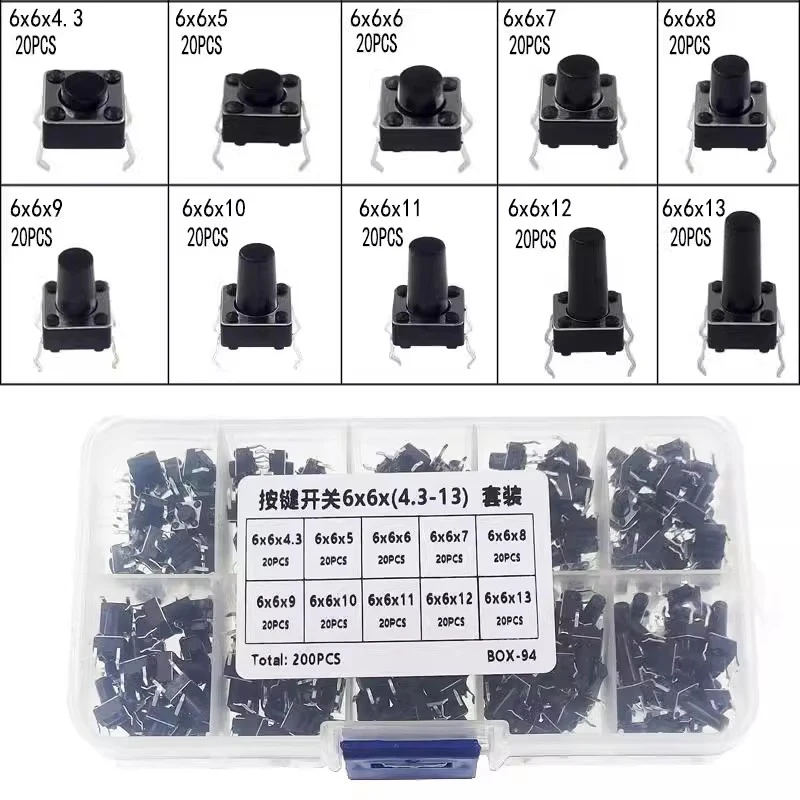 10 Value= 200pcs 6*6 Tact Switch Tactile Push Button Switch Kit, Height: 4.3MM~13MM DIP 4P Micro Switch 6x6 Key switch