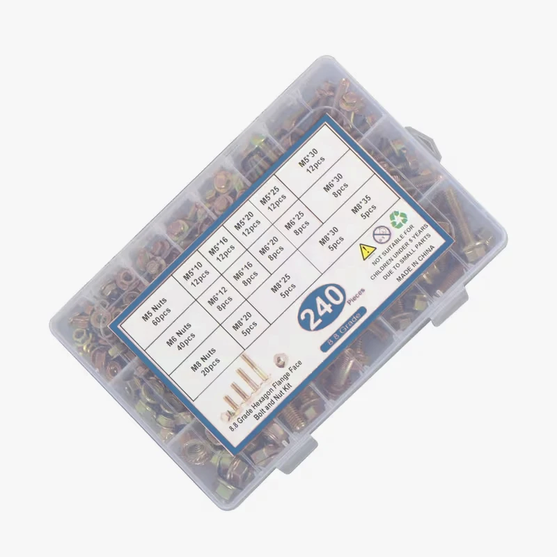 240-piece M5 M6 M8 Flange Nut and Bolt Kit, containing hex head flange bolts and flange nuts for use together