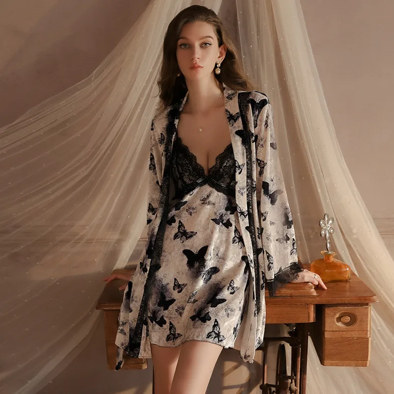

Butterfly Velvet Robe Dress Sexy Lace Kimono Bathrobe Gown Sleepwear Nightgown Set Velour Homewear