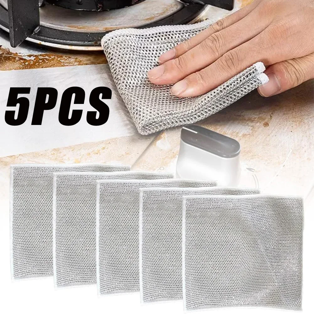 

1/5PCS Silver Cleaning Cloth Magic Dish Towel Reusable Non Stick Oil Dishcloth Pot Strong Rust Removal Steel Wire Balls Rag