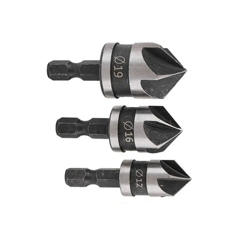 Exquisite-Two Sets Of X 3Pcs [12/16/19Mm] Hexagon Shank Five-Edge Chamfering Tools 90-Degree Hole Opener Chamfering Tool For Woo