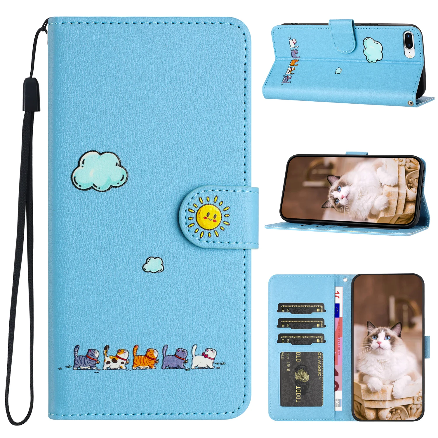 For Apple Iphone 6 Plus / 7 Plus  / 8 Plus Cover 5.5 inches Cartoon Cat Style Softshell Flip Leather Case