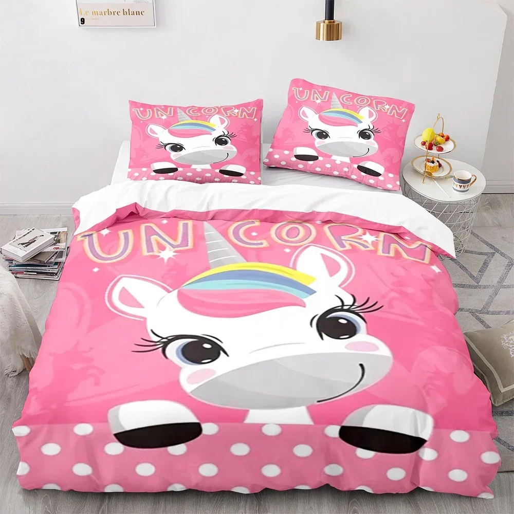 

Cartoon Unicorn Pink King Queen Duvet Cover Kids Girls Lovely Animal Bedding Set Rainbow Quilt Cover Polyester Comforter Cover