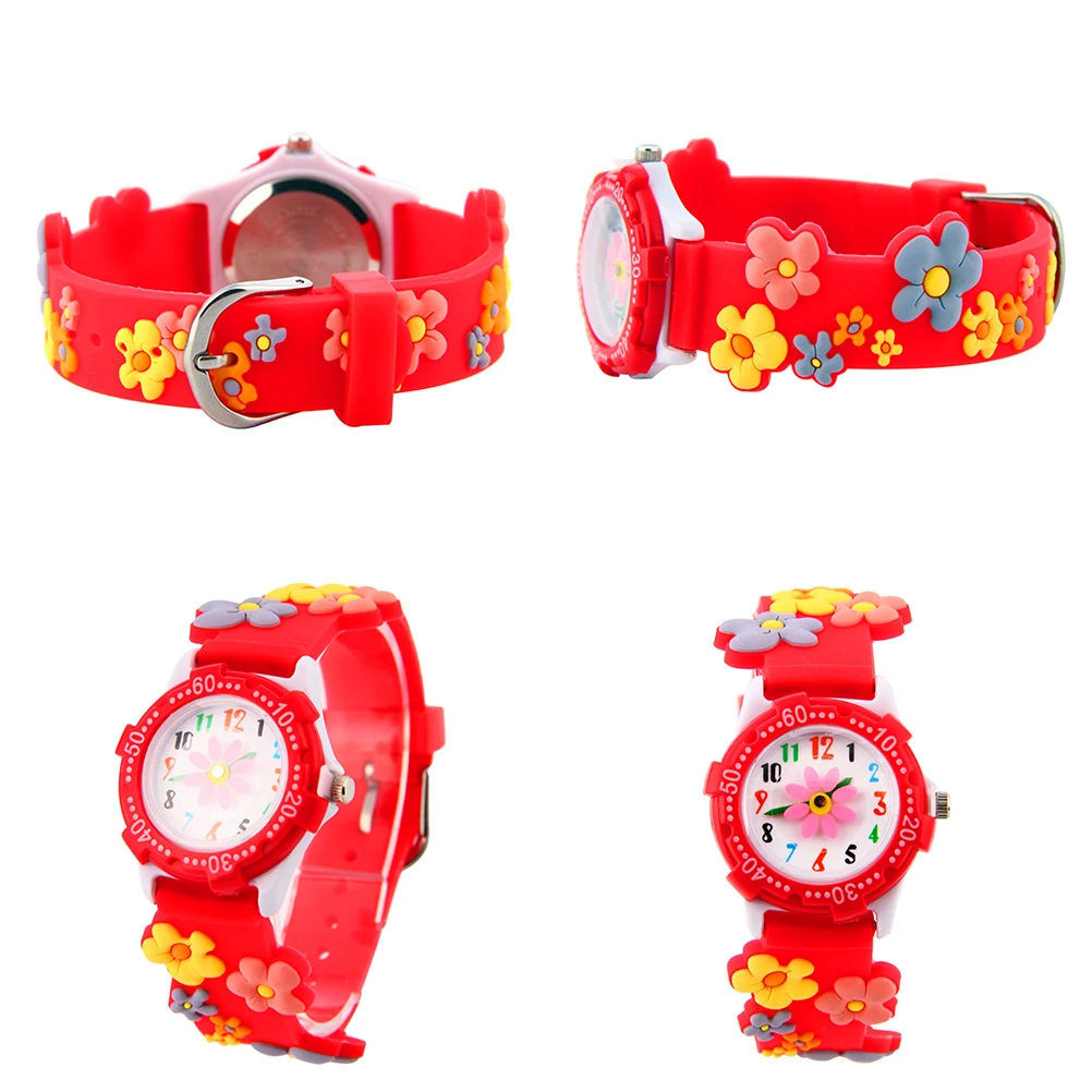 Kids Cartoon Watches Waterproof Quartz Red Flower Wrist Student Adjustable Durable Comfortable Safe Movement Gift