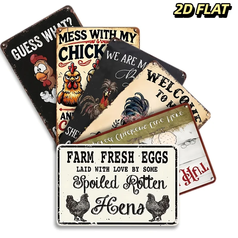 2D Flat, [JIT]2D Flat, 6pcs Vintage Metal Chicken Coop Signs- Farmhouse Wall Decor with Humorous Rules for Home, Kitchen, Garden
