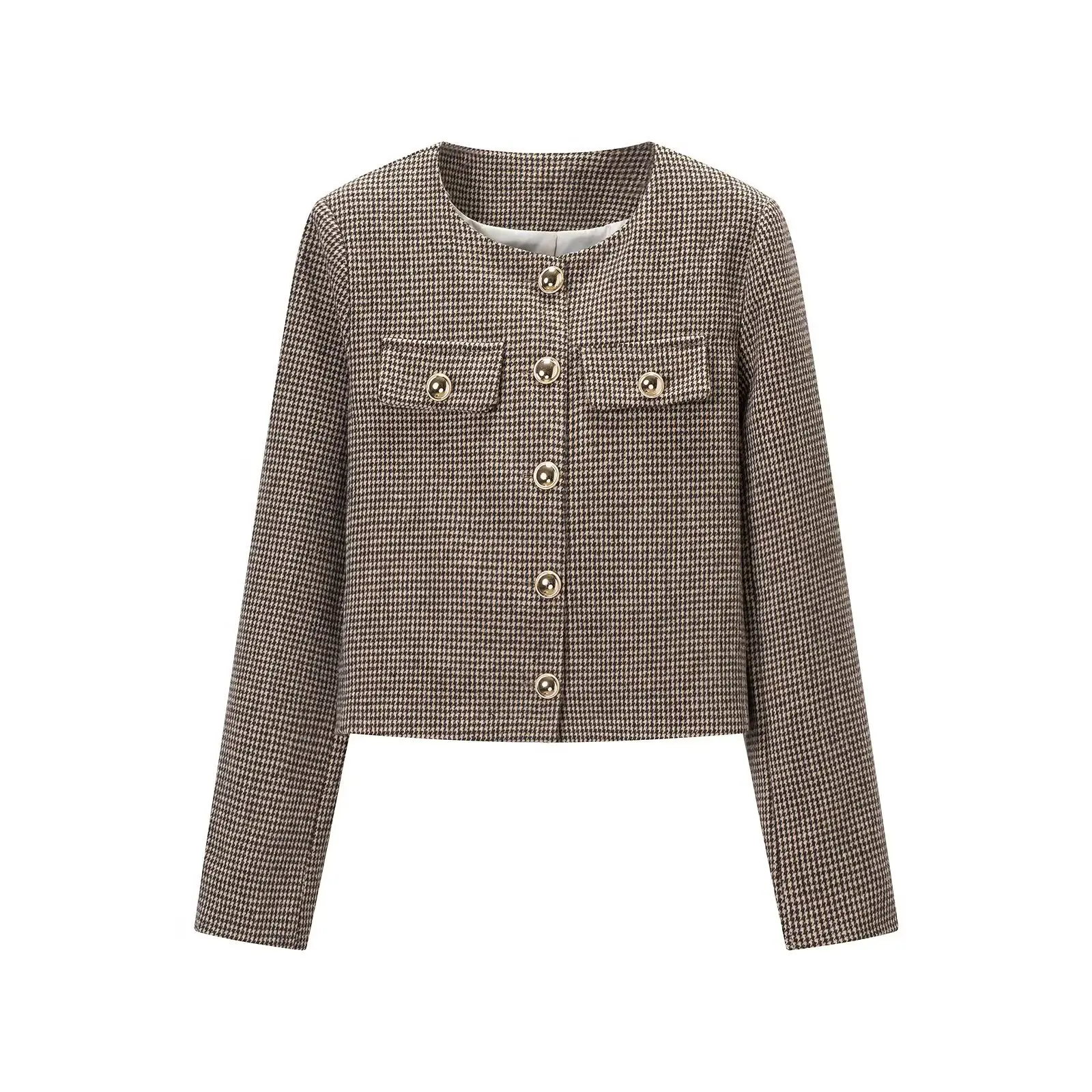 Retro French Style Women O Neck Collarless Coffee Houndstooth Plaid Cropped Blazer Golden Metal Buttons Suit Short Coat Outwear