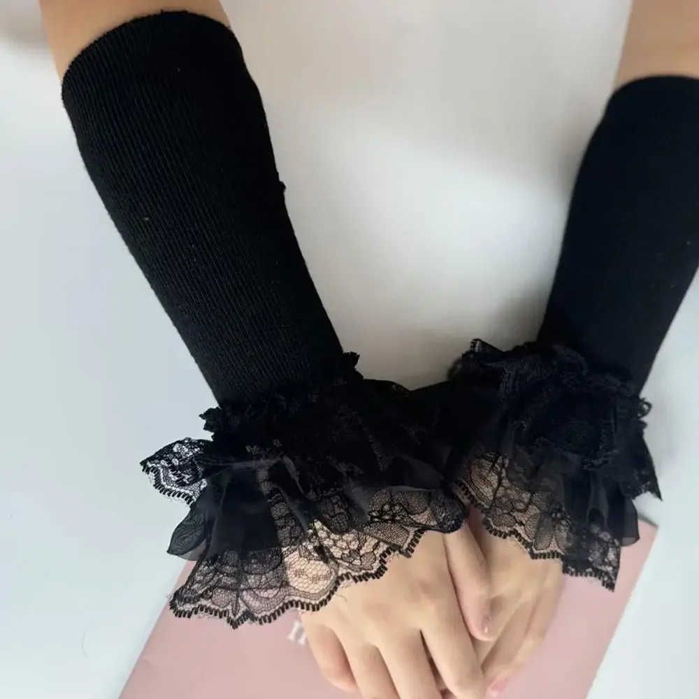 Lace Ruffles Cuff Long Elastic Lolita Knitted Lace Sleeves Arm Covers Wrist Cuffs Winter Sweater Decorative Sleeves