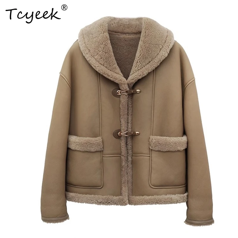 Tcyeek Prawdziwa Wełna Jesień Zima Elegancki Modny Jednolity Kolor Krótki Casualowy Damski Płaszcz z Wełny i Futra Shearling Fourrures Femme