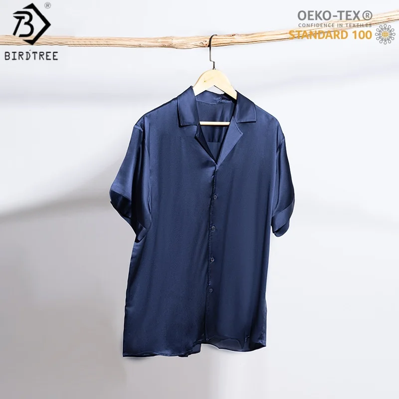 Birdtree,  OEKO-TEX, 19MM 100% Silk Shirt, Short Sleeve, Lapel Pullover, Men's Satin Single Breasted Blouse, 2026 New T69517JF
