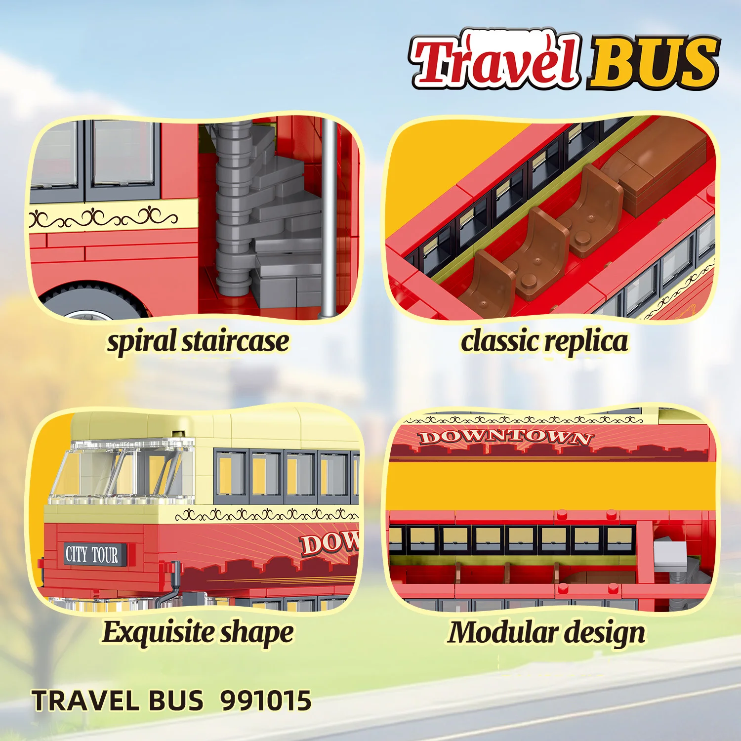 Set Model Bus Tingkat Ganda Perjalanan Blok Bangunan Kendaraan Klasik Kota Koleksi Mainan Konstruksi Bata untuk Hadiah Anak-anak