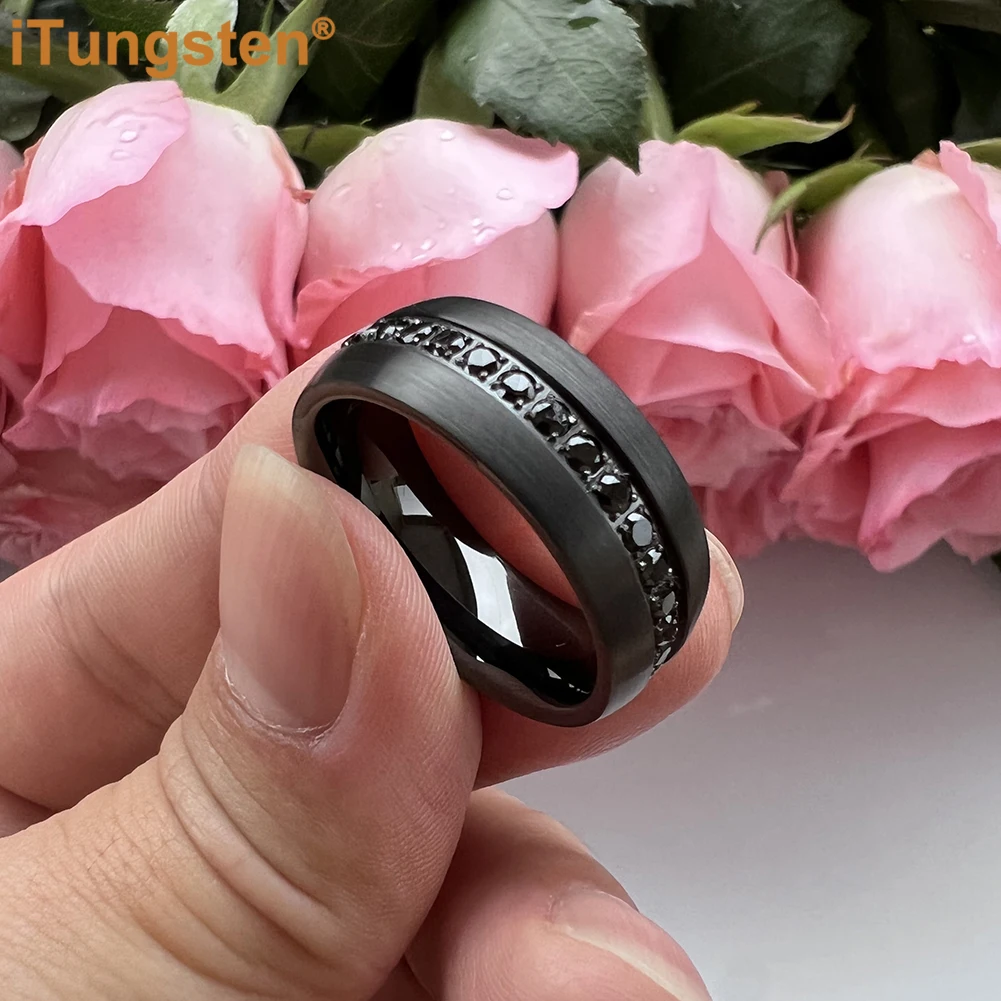 iTungsten 8mm Cool Engagement Wedding Band Black Tungsten Ring for Men Women Domed Brushed CZ Stone Inlay Comfort Fit