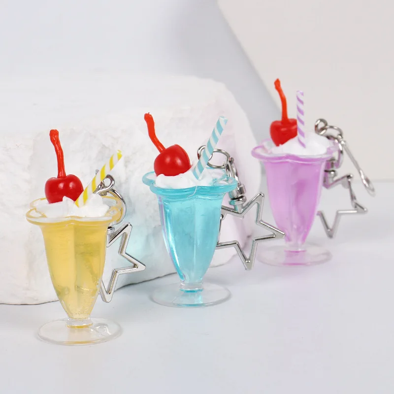 New Cherry Sundae Ice Cream Cup Keychain for Women Simulated Food Fruit Cake Cup Key Ring Phone Case Pendant Friends Gifts