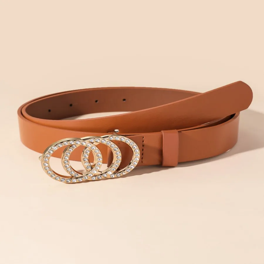 Ladies' waist belt with a three-loop buckle, decorated with golden rhinestones. It features a simple and fashionable style and c