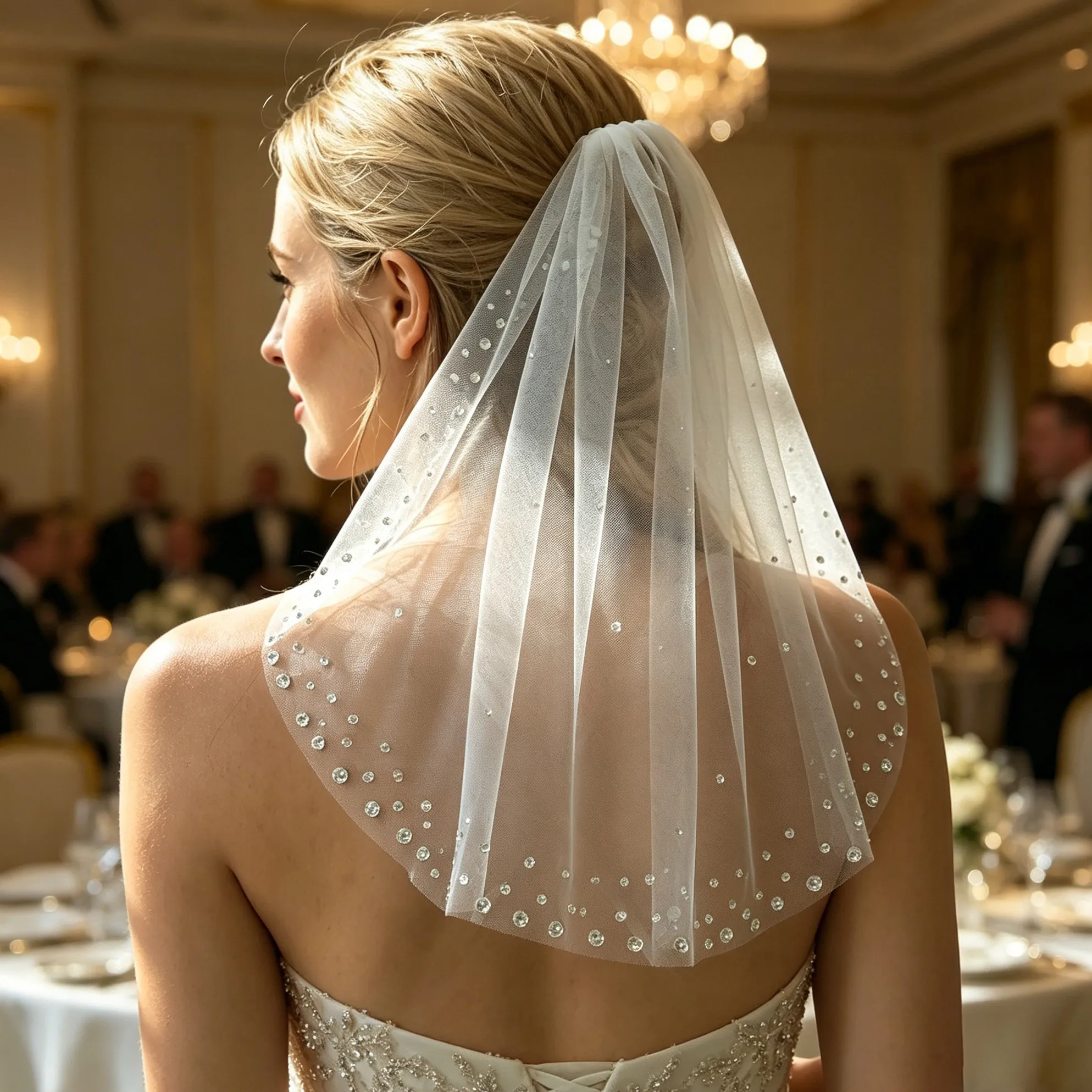 

Mini Bridal Veil Rhinestone Edge Wedding Tulle for Brides One Tier Short Blusher Luxurious Hair Accessory for Garden Wedding G03
