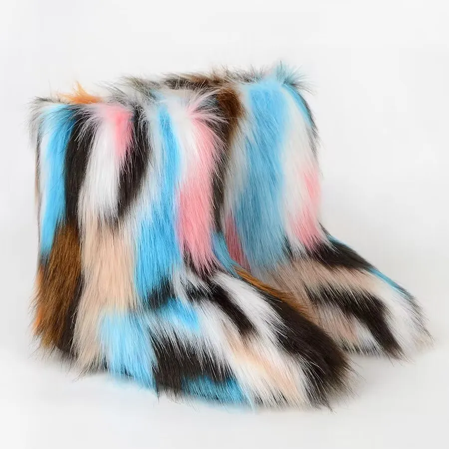 y2k Women\'s Winter Snow Boots Outdoor Luxury Furry Faux Fox Fur New Fashion Boots WomanPlush Warm Platform Shoes Bottes