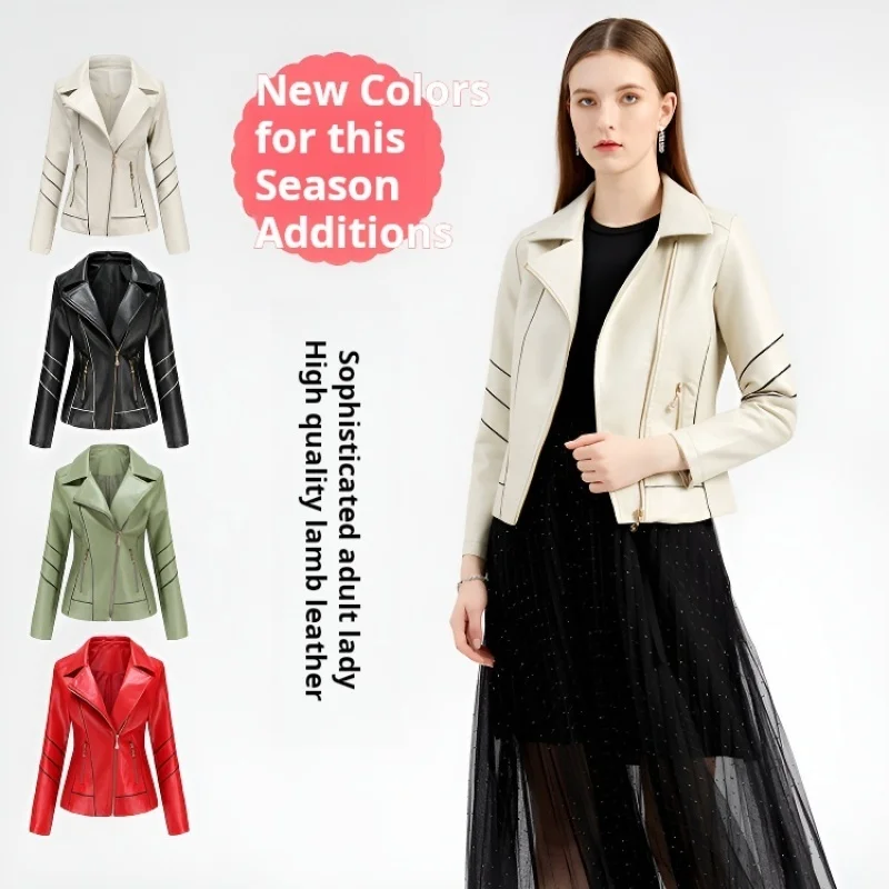 Womens Fashion Spring Lapel Collar PU Leather Jacket Zipper Slim Fit Motorcycle Biker Punk Outerwear Blazer Music Party Clubwear