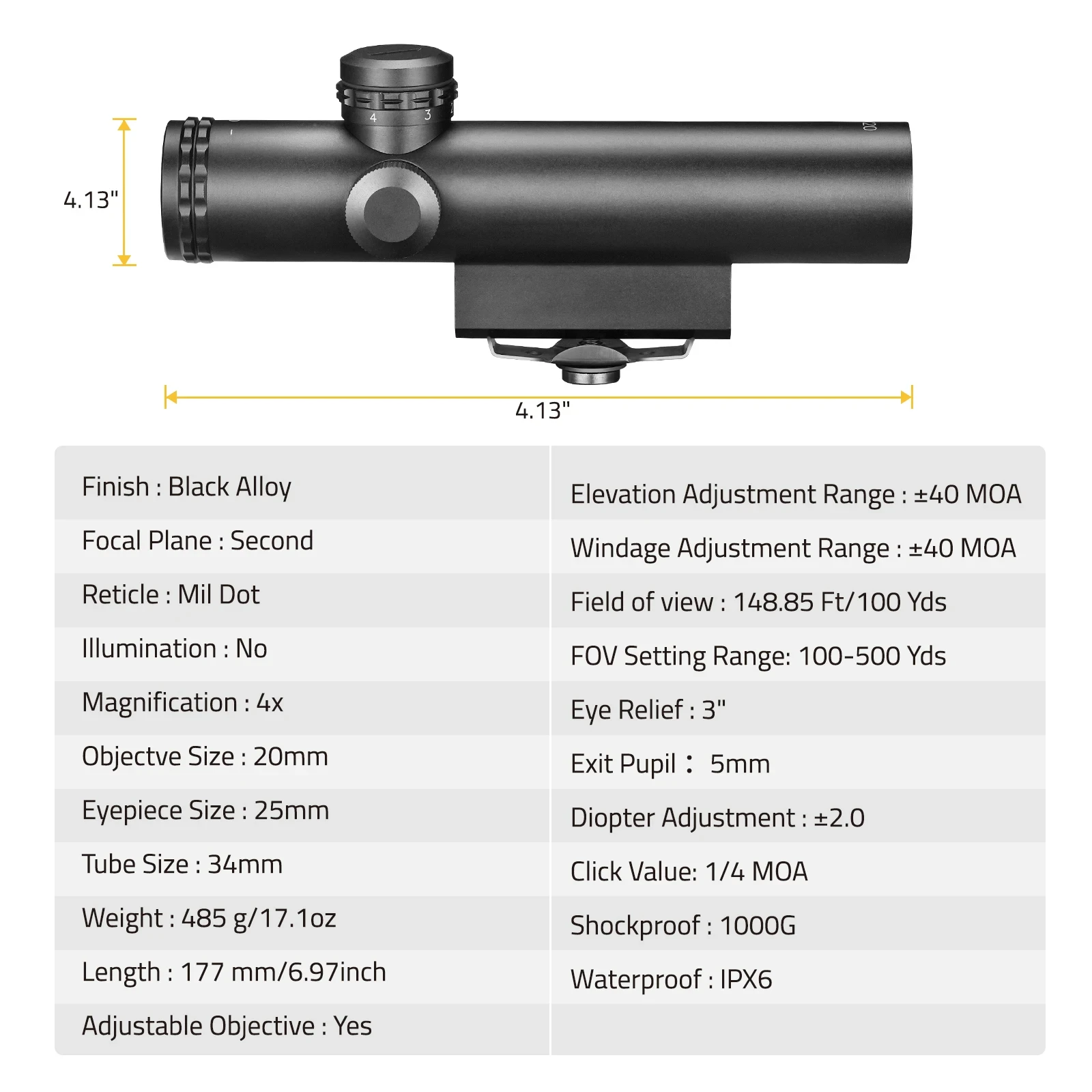 

MIDTEN Rifle Scope 4x20 Riflescope Mil-Dot Reticle Lightweigth Optics Sights Sighting Integrated Mount For Hunting Aluminum