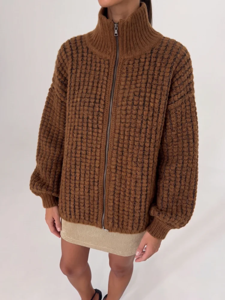Fall Brown Chunky Knit Cardigan Stand Collar Zip Up Metallic Thread Patchwork Loose Oversized 2026 Commute Fashion Women Coat
