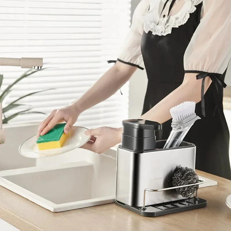 3-in-1 Kitchen Soap Dispenser Stainless Steel Cutlery Holder Spoon Storage Kitchen Organizer Drainer Dish Drying Rack