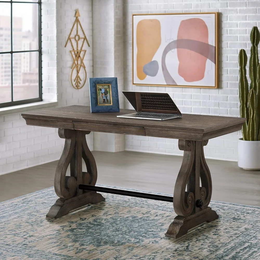 Computer Desk with 1 Drawer, Trestle Base, Metal Brace, Wood Frame, Distressed Darks Oak Finish, Writing Desk