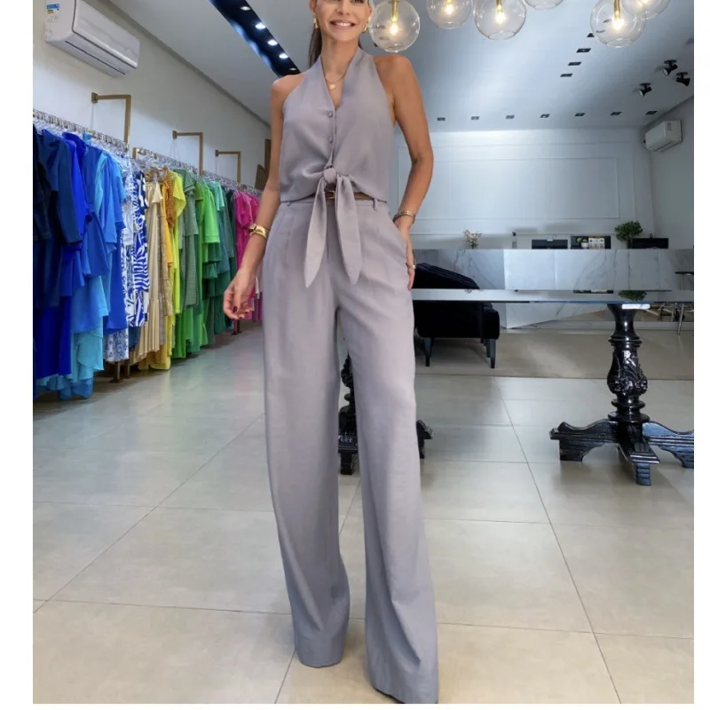 

Women's Trousers Set Two-Piece Vest Sleeveless Matching Set V-neck Shirt Zipper Elegant High Waist Wide Legs Trousers Summer