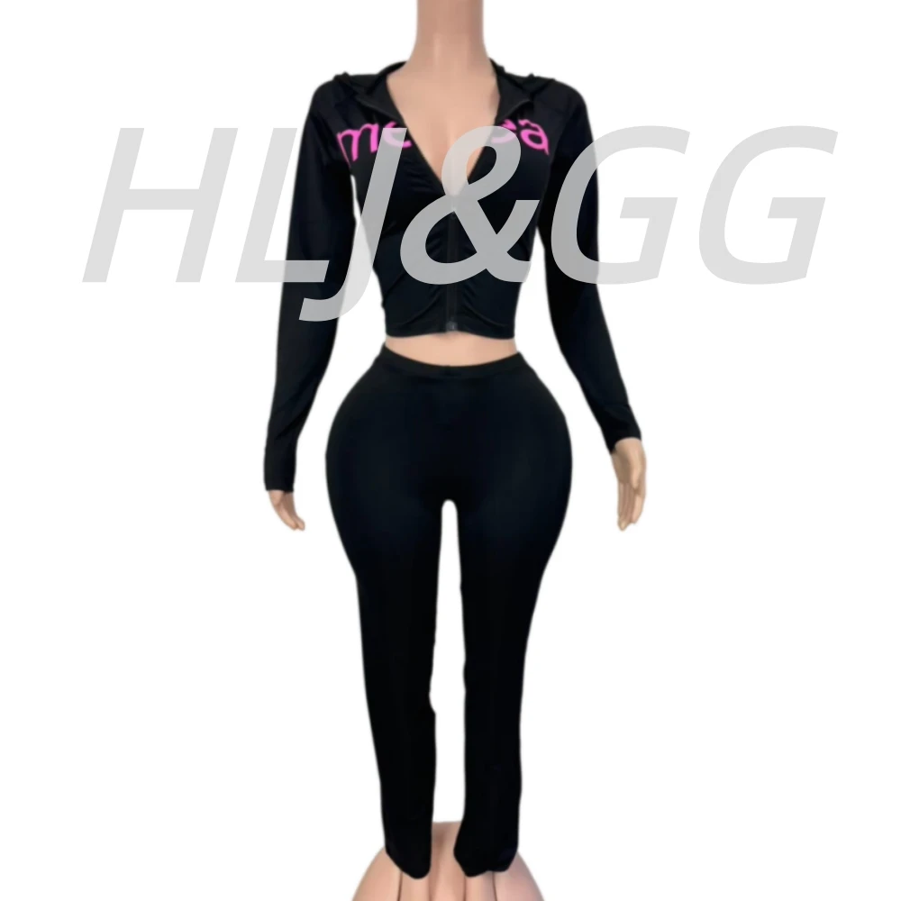 Hlj & gg tendência y2k carta impressão com capuz fatos de treino feminino zíper manga longa magro topo e calças magras roupas moda streetwear