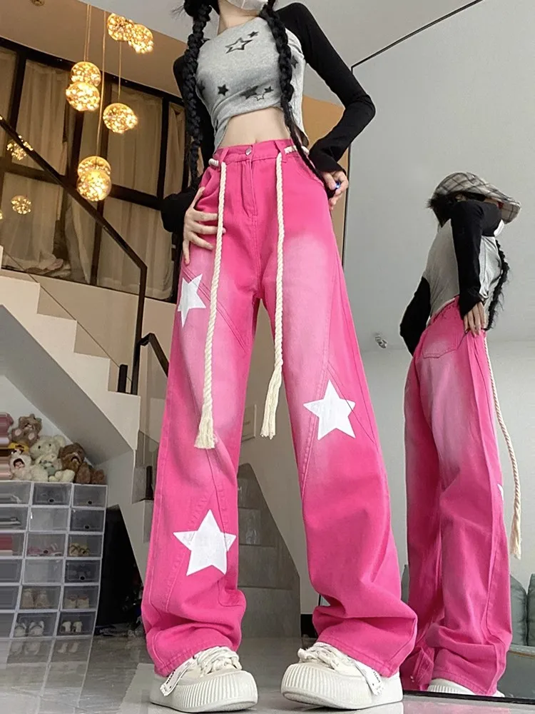 WCFCX STUDIO Women's Pink Jeans Baggy High Waist Fashion Straight Denim Trouser Harajuku Vintage Streetwear Y2k Wide Star Jeans