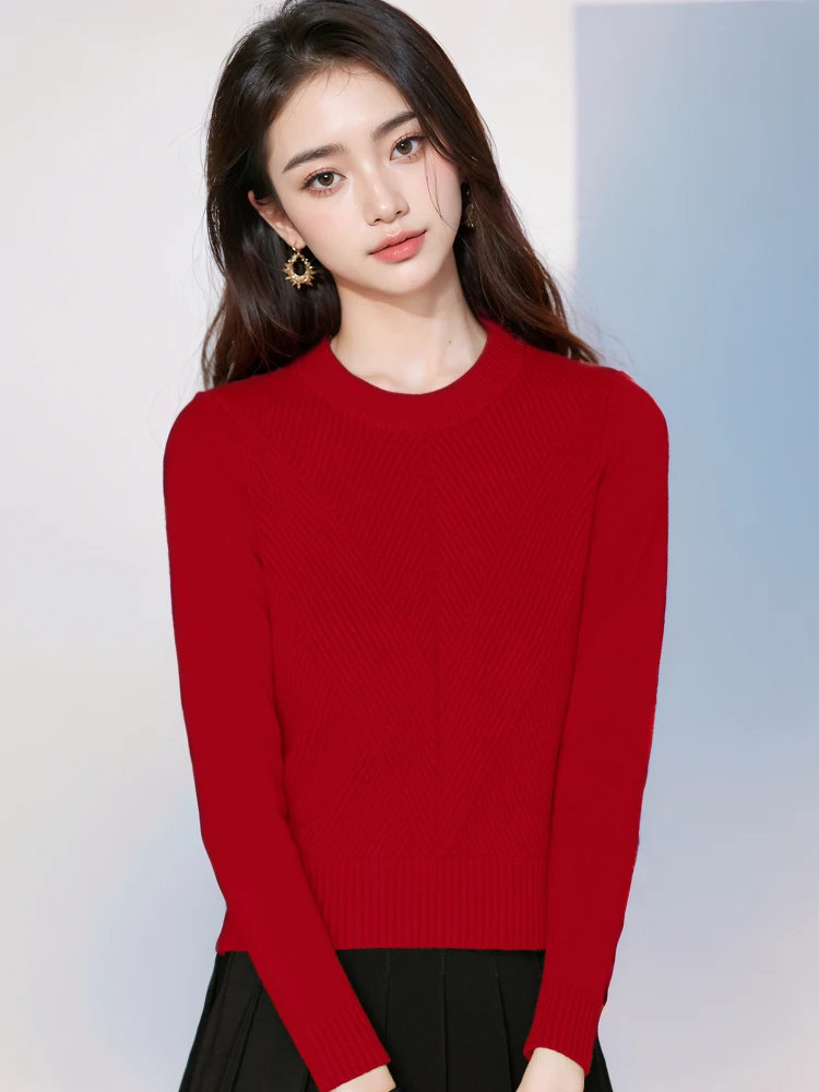 

Thiened ort Red Knitted Sweater Long Sve Faionable Sli Women's Autumn Winter Top round Ne Pure Color Commute S...