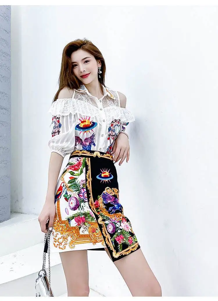 Women Spring Summer Ruffles Lace Shirts Half Sleeve Patchwork Shirts And Vintage Print Skirts Suit Party Clothing Sets NS644