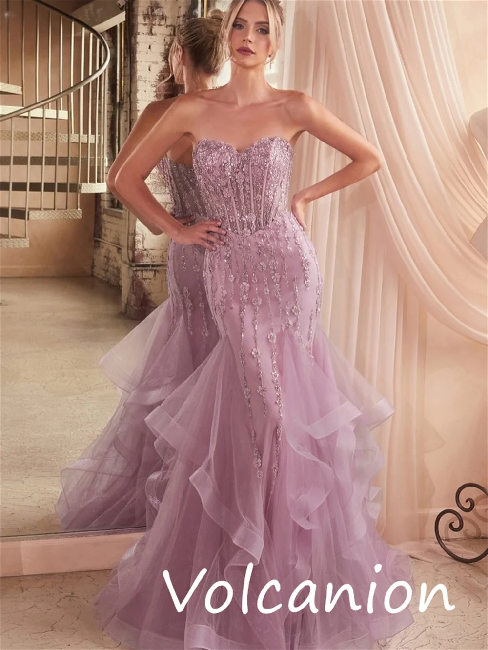 Customized Modern Style Organza Sequined Pleat Trumpet Strapless Long Dresses Bespoke Occasion Elegant