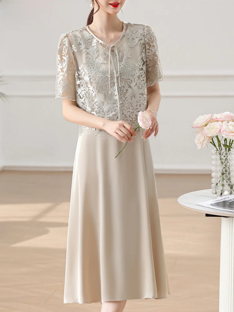 

Faionable Midlife Mom Summer Outfit Dr Set Ele Aosphere Middle-aged Women's Clothing Korean Sle round Ne Dr