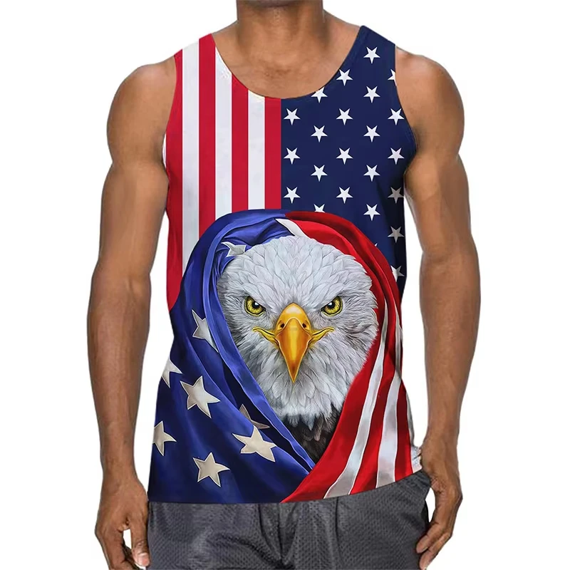 Hotselling Sweat Wicking Mens Sleeveless Tank Tops USA Eagle Element 3D Print Summer Gym Workout Basketball Casual Undershirts